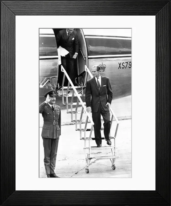Framed Print : Prince Philip, Duke of Edinburgh, lands at Usworth Airport. 11th May 1972 Framed Print : Prince Philip, Duke of Edinburgh, lands at Usworth Airport. 11th May 1972