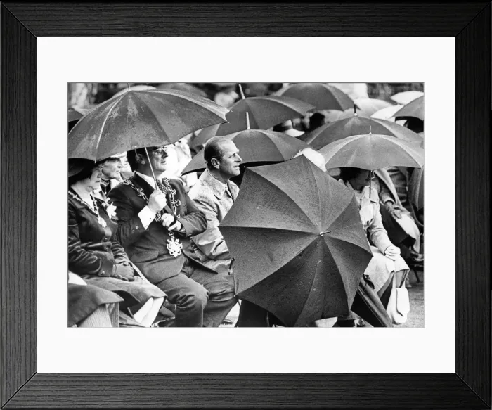 Framed Print : Prince Philip, Duke of Edinburgh, scorned an umbrella at Preston Park, Stockton Framed Print : Prince Philip, Duke of Edinburgh, scorned an umbrella at Preston Park, Stockton