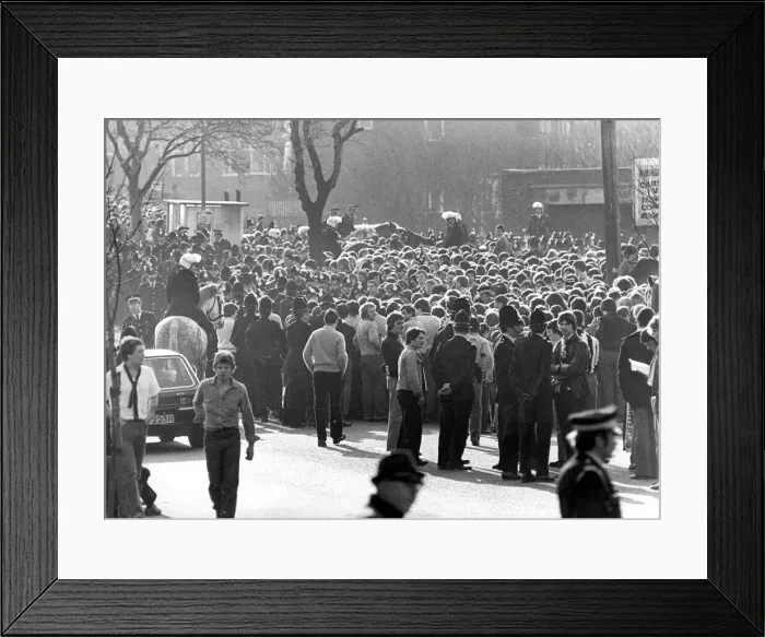 Framed Print : Mounted police in motor cycle helmets control the fans at Sunderland before the local Framed Print : Mounted police in motor cycle helmets control the fans at Sunderland before the local