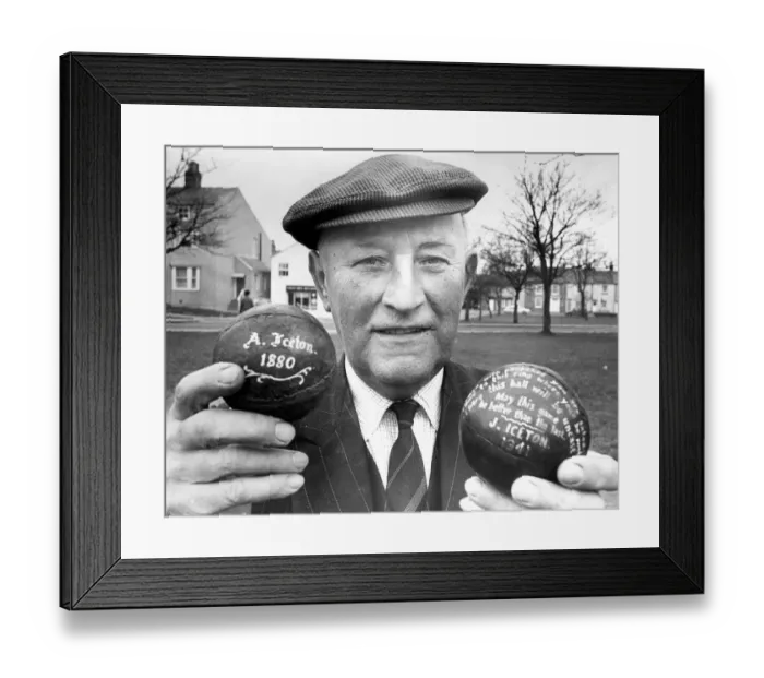 Framed Print : Mr. Joe Iceton, of Sedgefield, with two of the footballs used in the past Shrove Tuesday