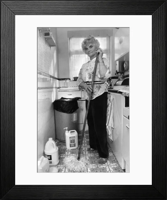 Framed Print : Charlady who owns Racehorse. Mrs. Mopp'Jean Champion at work Framed Print : Charlady who owns Racehorse. Mrs. Mopp'Jean Champion at work