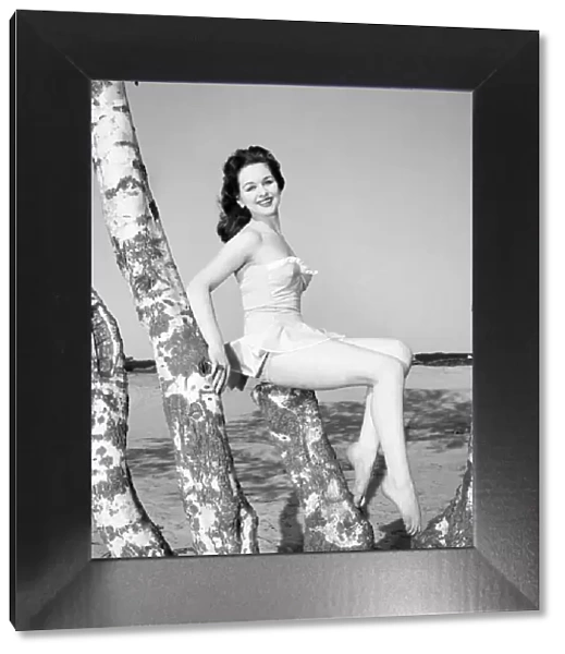 Clothing: Fashion: Beachwear: Model Jackie Curtis modelling swimming costumes