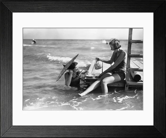 Framed Print : Holidaymakers take tea on a raft at Elmer Sands. August 1933 1115 Framed Print : Holidaymakers take tea on a raft at Elmer Sands. August 1933 1115