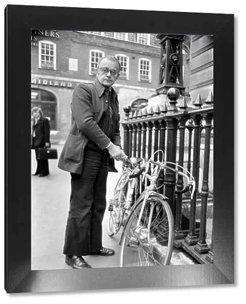Larry Adler, musician seen here with his push bike. April 1975 S75-1891-001