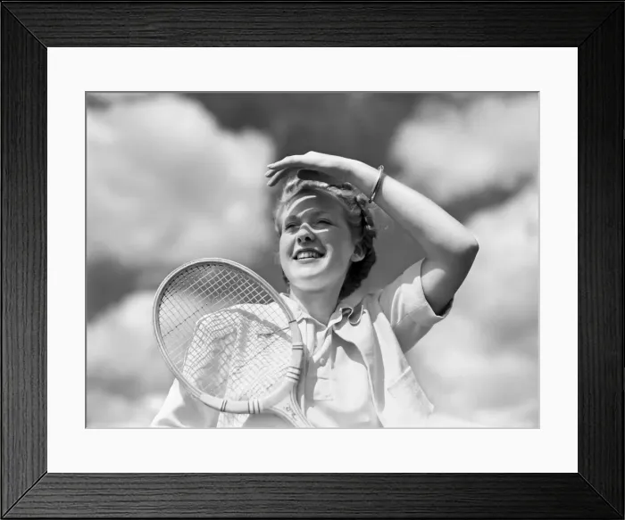 Framed Print : Joan Wood with tennis racket. 3rd August 1938 Framed Print : Joan Wood with tennis racket. 3rd August 1938