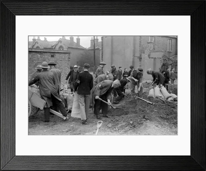 Framed Print : Alfieri. Fire Guards and ARP Wardens digging trenches for sand bag defences during Framed Print : Alfieri. Fire Guards and ARP Wardens digging trenches for sand bag defences during