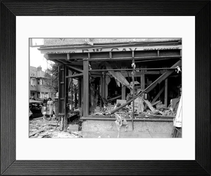Framed Print : Alfieri. Air Raid damage, Malden. Badly damaged tabacconist. August 16th 1940 Framed Print : Alfieri. Air Raid damage, Malden. Badly damaged tabacconist. August 16th 1940