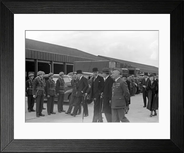 Framed Print : Prime Minister Neville Chamberlain at Royal visit to Hook, Balloon Barrage. April 1939 Framed Print : Prime Minister Neville Chamberlain at Royal visit to Hook, Balloon Barrage. April 1939