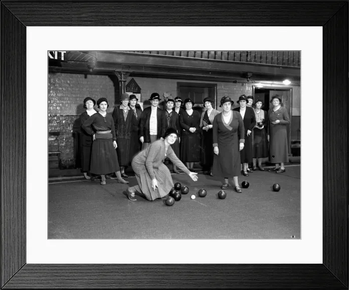 Framed Print : Ladies of the Crown Green Bowls team seen here playing on a covered over swimming pool Framed Print : Ladies of the Crown Green Bowls team seen here playing on a covered over swimming pool