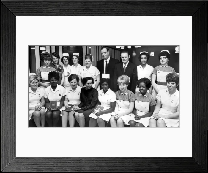 Framed Print : The matron of Walsgrave General Hospital, Miss Madden, with nurses who have collected