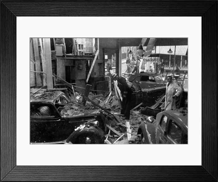 Framed Print : Alfieri. Air Raid damage, Kingston, London. Ruined cars in showroom Framed Print : Alfieri. Air Raid damage, Kingston, London. Ruined cars in showroom