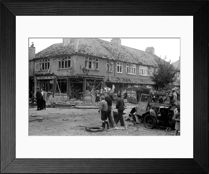 Framed Print : Alfieri. Air Raid damage, Malden. General scenes of ruined shops Framed Print : Alfieri. Air Raid damage, Malden. General scenes of ruined shops