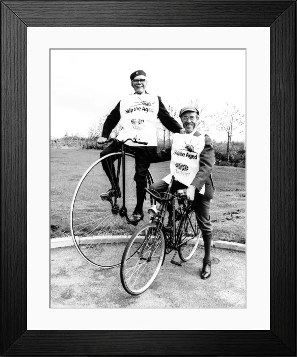 Framed Print : On their bikes, pensioners Tom Young aged 76 on his penny farthing Framed Print : On their bikes, pensioners Tom Young aged 76 on his penny farthing