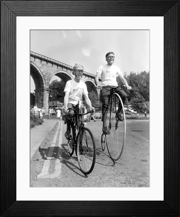 Framed Print : On their bikes, pensioners Tom Young aged 76 on his penny farthing Framed Print : On their bikes, pensioners Tom Young aged 76 on his penny farthing