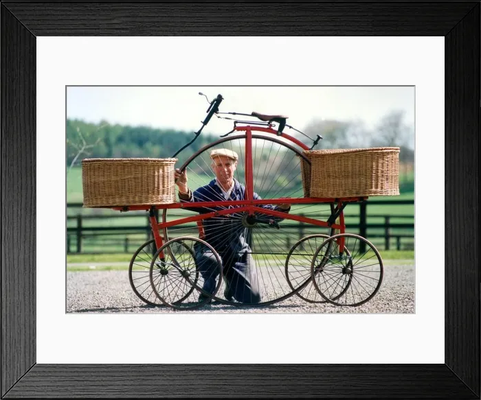 Framed Print : Tommy Thompson with the replica Chicken and Hen bike at Beamish Museum