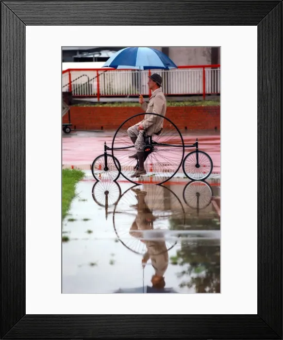 Framed Print : Malcolm Young trys out his home made 1876 replica Coventry tricycle at the Northern Cycle Framed Print : Malcolm Young trys out his home made 1876 replica Coventry tricycle at the Northern Cycle