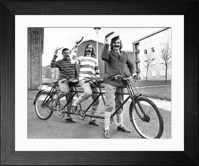 Framed Print : Three Tynside men have borrowed a 70 year old triplet cycle t for an outing with a