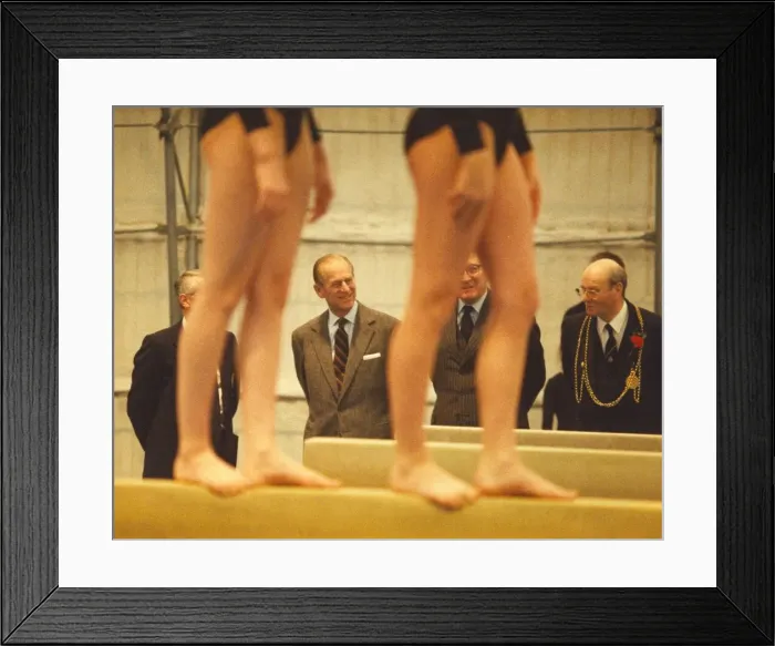 Framed Print : Prince Philip, Duke of Edinburgh, opens the gymnastic centre at Benfield School