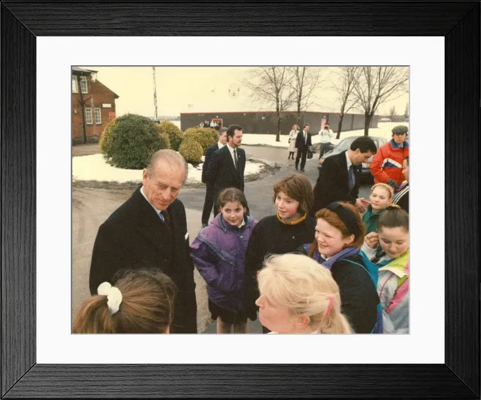 Framed Print : Prince Philip, Duke of Edinburgh, opens the gymnastic centre at Benfield School Framed Print : Prince Philip, Duke of Edinburgh, opens the gymnastic centre at Benfield School