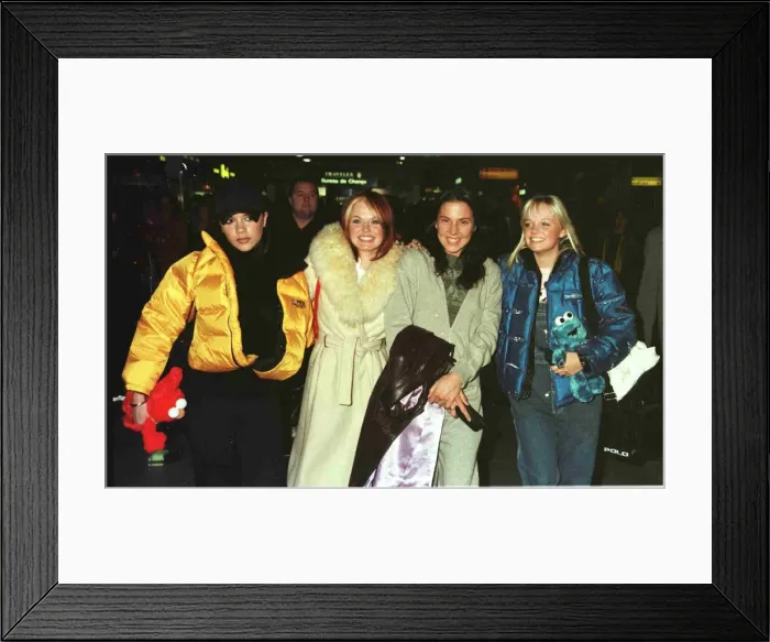 Framed Print : The Spice Girls at Heathrow Airport January 1998 Victoria Adams Geri Halliwell Mel