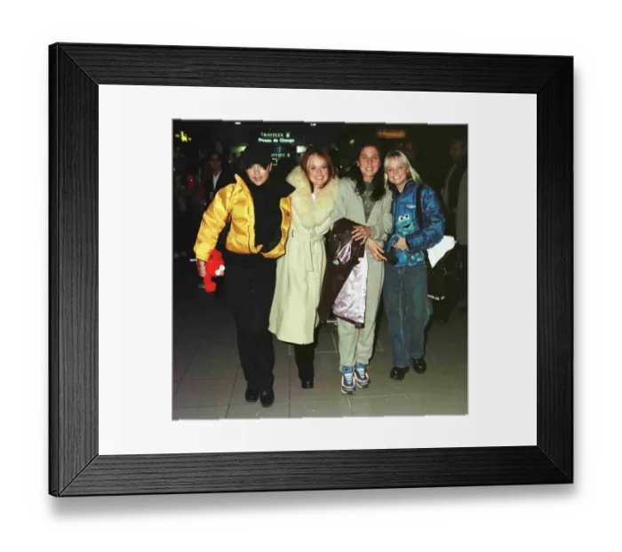 Framed Print : The Spice Girls at Heathrow Airport January 1998 Victoria Adams Geri Halliwell Mel
