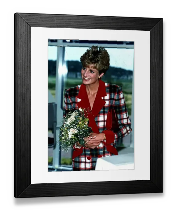 Framed Print : Diana, Princess of Wales wears a a Catherine Walker tartan coat dress