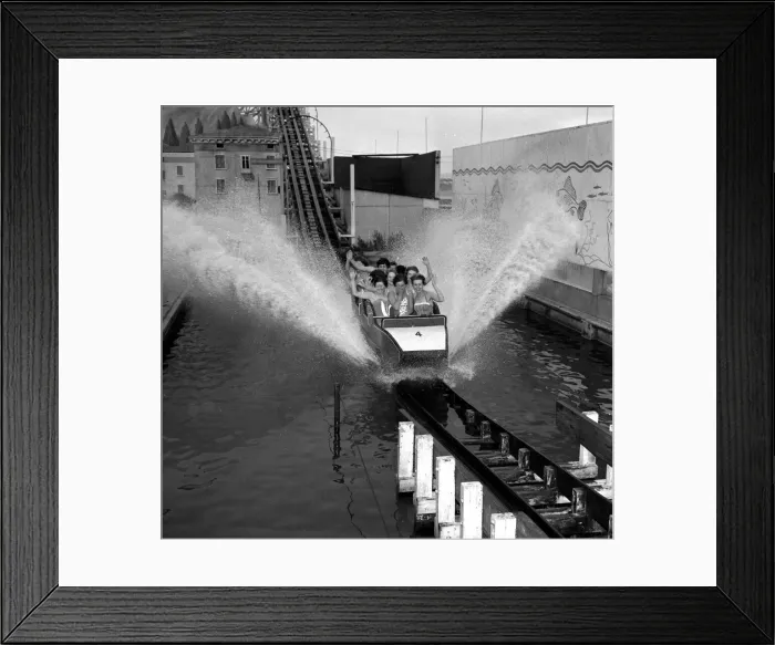 Framed Print : Beauty contestants on a water splash ride at Portland, Dorset UK Framed Print : Beauty contestants on a water splash ride at Portland, Dorset UK