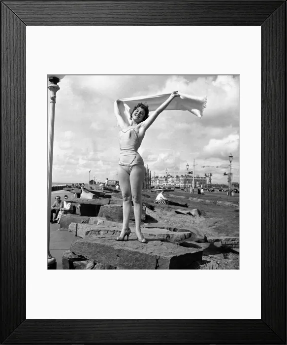 Framed Print : Girl posing in her swimsuit at Blackpool 5th August 1958 Framed Print : Girl posing in her swimsuit at Blackpool 5th August 1958