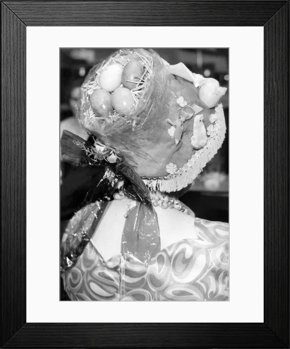 Framed Print : Some eggs precariously perched on top of an Easter bonnet in 1981 Framed Print : Some eggs precariously perched on top of an Easter bonnet in 1981