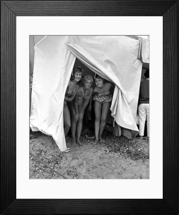 Framed Print : Girls in a bathing hut, Clacton. 23rd July 1960 Framed Print : Girls in a bathing hut, Clacton. 23rd July 1960