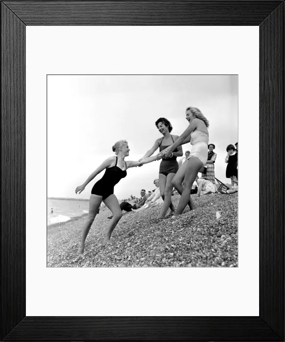 Framed Print : Three young women in their swimsuits at Hastings. 5th August 1958