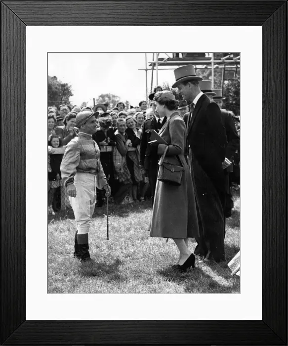 Framed Print : Queen Elizabeth II and Prince Philip talking with champion jockey, Gordon Richards Framed Print : Queen Elizabeth II and Prince Philip talking with champion jockey, Gordon Richards
