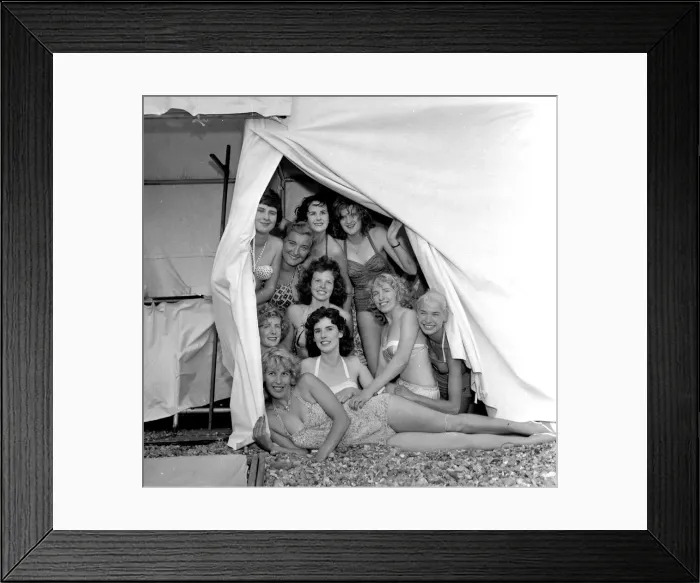 Framed Print : Beauty contest girls in a changing tent at Brighton, UK. 20th July 1959 Framed Print : Beauty contest girls in a changing tent at Brighton, UK. 20th July 1959