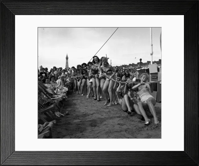 Framed Print : Sunday pictorial beach contest at Blackpool. Competitors take part in a game of tug o war Framed Print : Sunday pictorial beach contest at Blackpool. Competitors take part in a game of tug o war