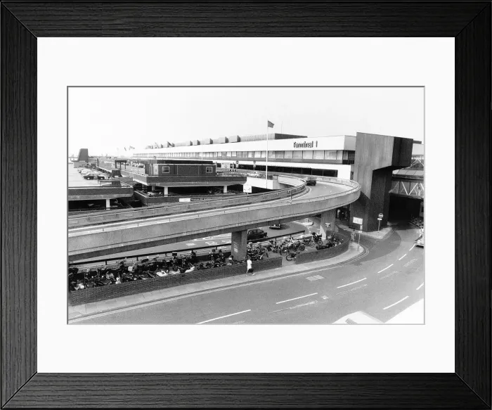 Framed Print : London Heathrow airport view of Terminal 1 and roads around the airport Circa 1984 Framed Print : London Heathrow airport view of Terminal 1 and roads around the airport Circa 1984