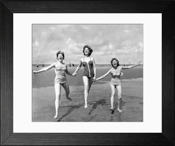 Framed Print : Three girls holding hands on the beach at blackpool August 1958 Framed Print : Three girls holding hands on the beach at blackpool August 1958