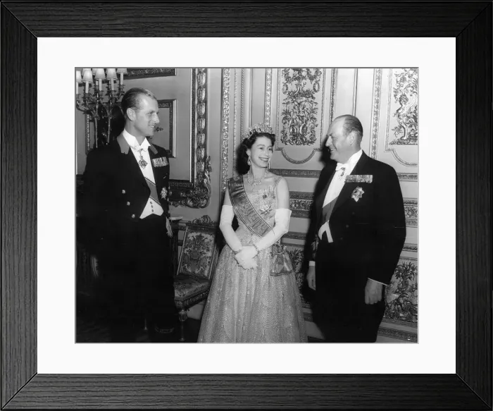 Framed Print : Queen Elizabeth II and Prince Philip with King Olav of Norway pictured after the dinner