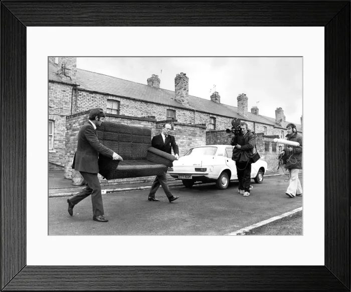 Framed Print : Baliffs removing furniture from a home in East Chevington in 1973