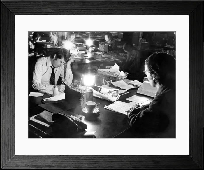 Framed Print : The scene in The Journal newsroom during one of the power cuts in 1972 Framed Print : The scene in The Journal newsroom during one of the power cuts in 1972