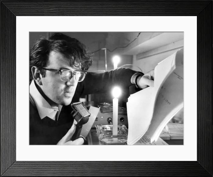Framed Print : News by candlelight and battery power. Radio Durham news reader John Pickles had to rig Framed Print : News by candlelight and battery power. Radio Durham news reader John Pickles had to rig