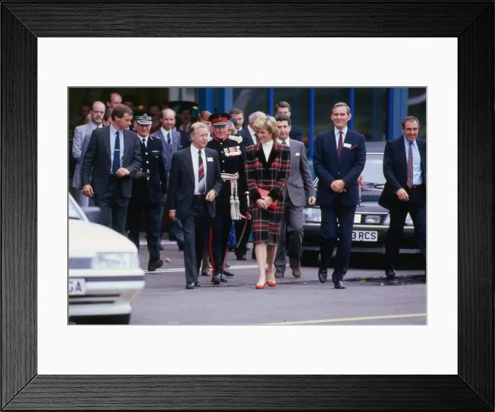 Framed Print : Princess Diana during a visit to Prestwick, Scotland. She is wearing a tartan suit Framed Print : Princess Diana during a visit to Prestwick, Scotland. She is wearing a tartan suit