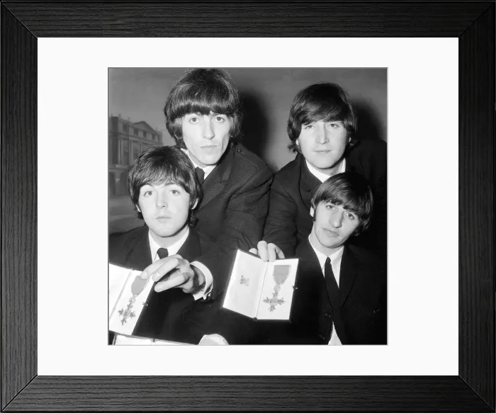 Framed Print : The Beatles pose with their MBEs at a press conference held at the Saville Theatre Framed Print : The Beatles pose with their MBEs at a press conference held at the Saville Theatre