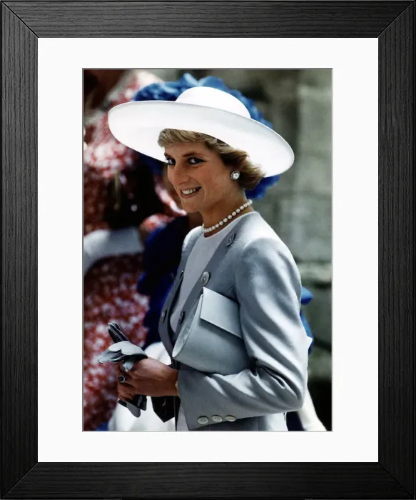 Framed Print : Princess Diana attends the Ascot race meeting wearing a pearl grey silk top coat with