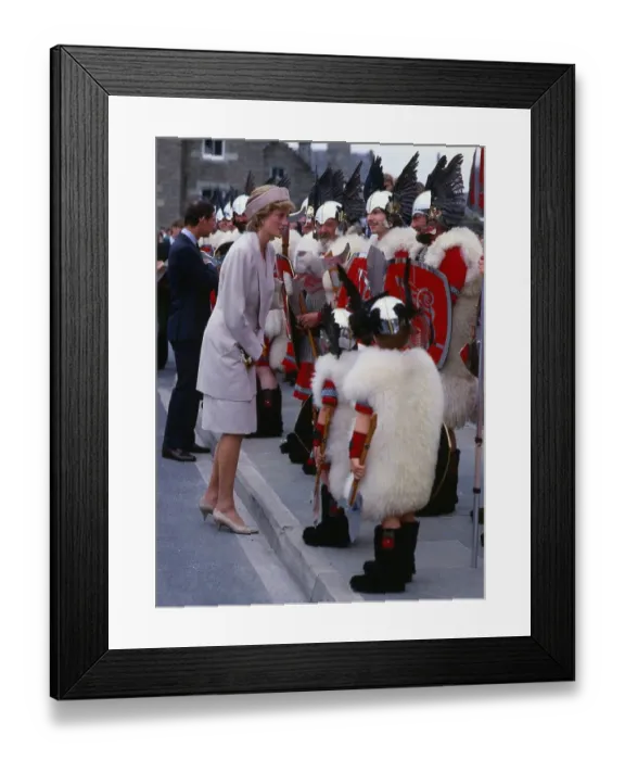 Framed Print : Princess Diana, Princess of Wales, talking to men dressed as vikings on a visit to Framed Print : Princess Diana, Princess of Wales, talking to men dressed as vikings on a visit to