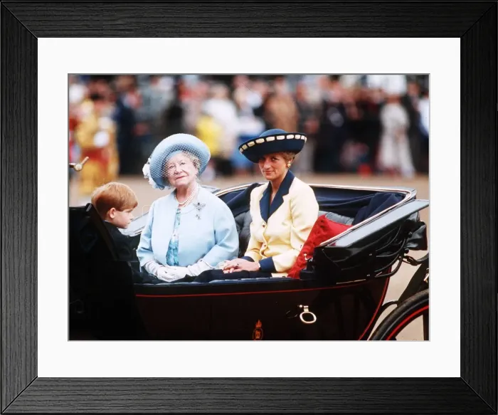 Framed Print : Queen Elizabeth, the Queen Mother and Diana, Princess of Wales ride together with young Framed Print : Queen Elizabeth, the Queen Mother and Diana, Princess of Wales ride together with young