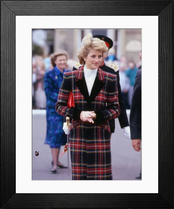 Framed Print : Princess Diana during a visit to Prestwick, Scotland. She is wearing a tartan suit Framed Print : Princess Diana during a visit to Prestwick, Scotland. She is wearing a tartan suit