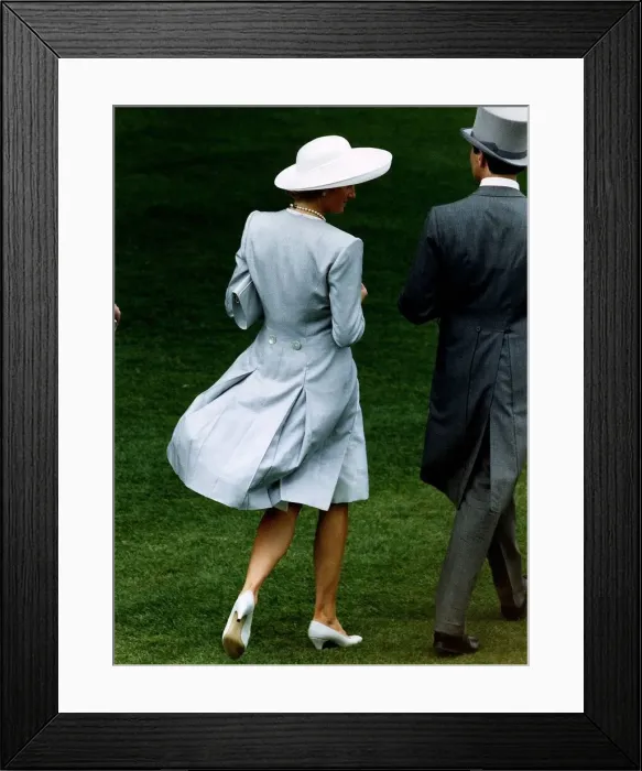 Framed Print : Princess Diana attends the Ascot races. She is wearing a pearl grey silk top coat Framed Print : Princess Diana attends the Ascot races. She is wearing a pearl grey silk top coat