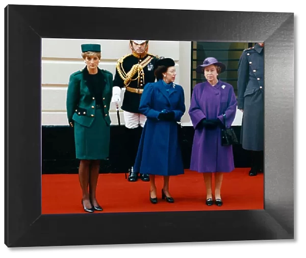 Queen Elizabeth with Princess Margaret and Princess Diana waiting to greet the Italian