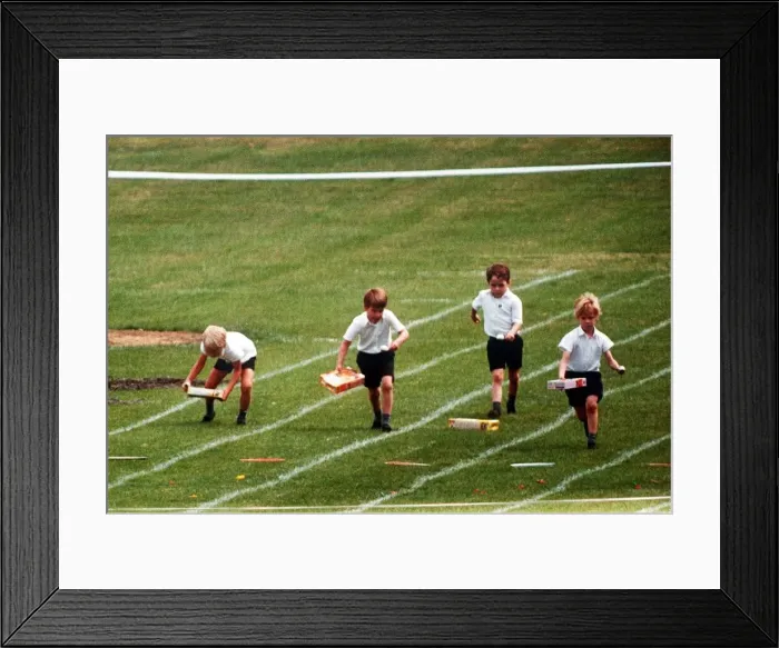 Framed Print : Prince William at his school sports day at Richmond Sports Stadium taking part in an Egg