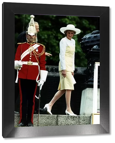Diana, Princess of Wales, walking past a guardsman as she attends the Old Comrades Parade